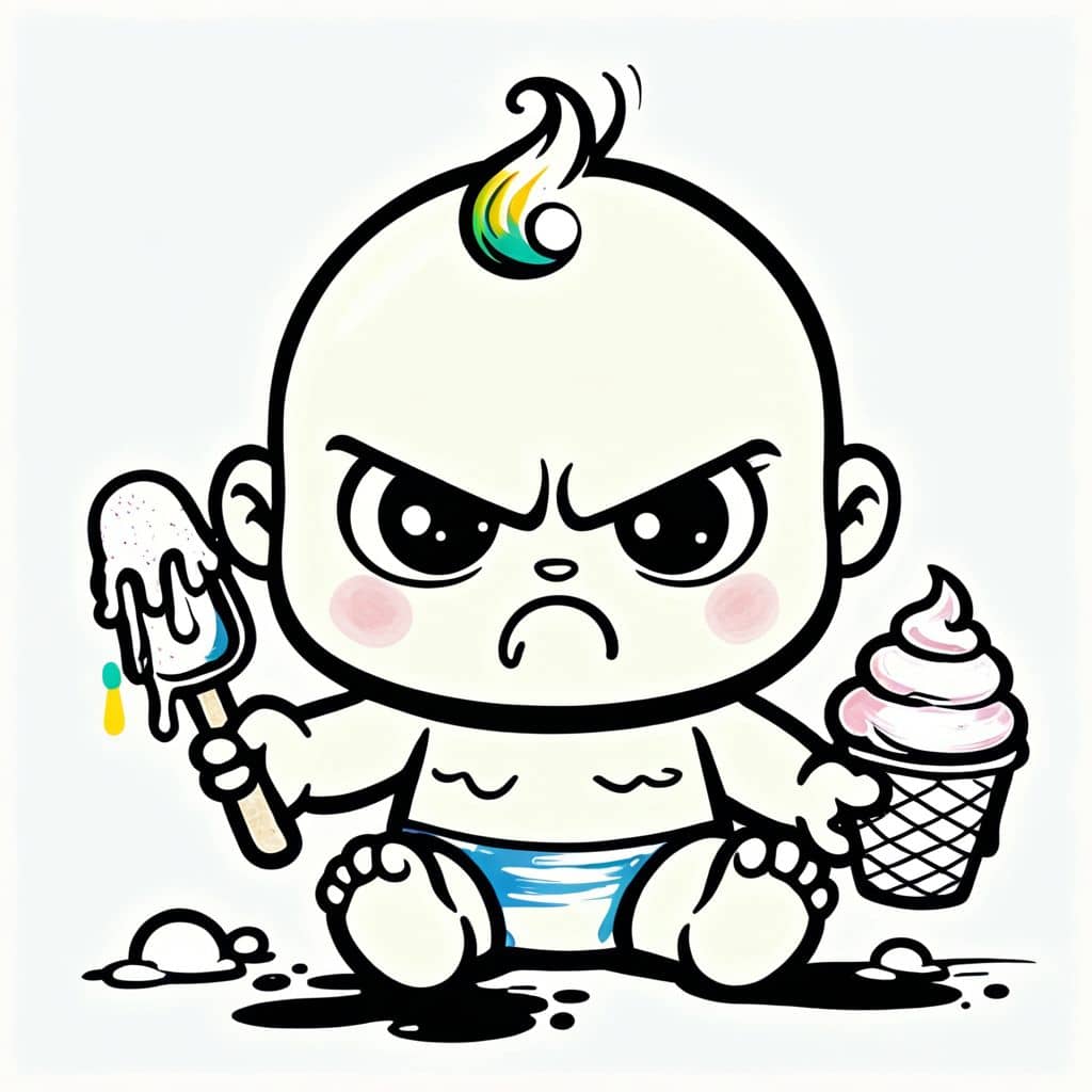 Colored Angry baby smearing ice cream.