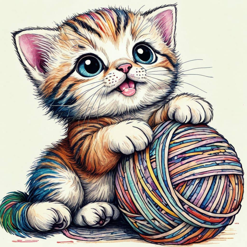 Colored Kitten playing with yarn ball