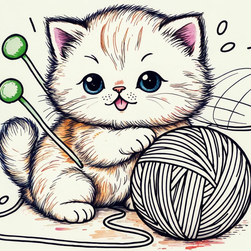Colored Kitten playing with yarn ball