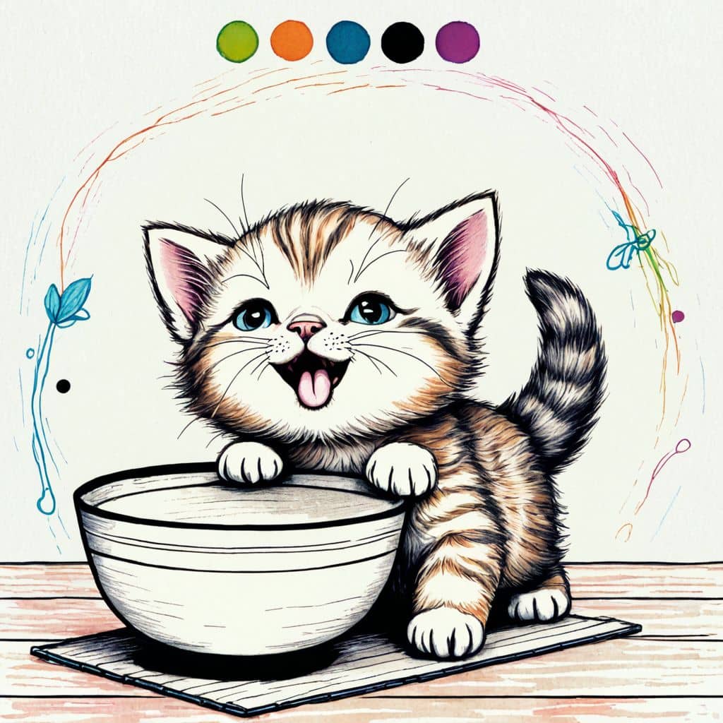 Colored Hungry kitten licking milk bowl