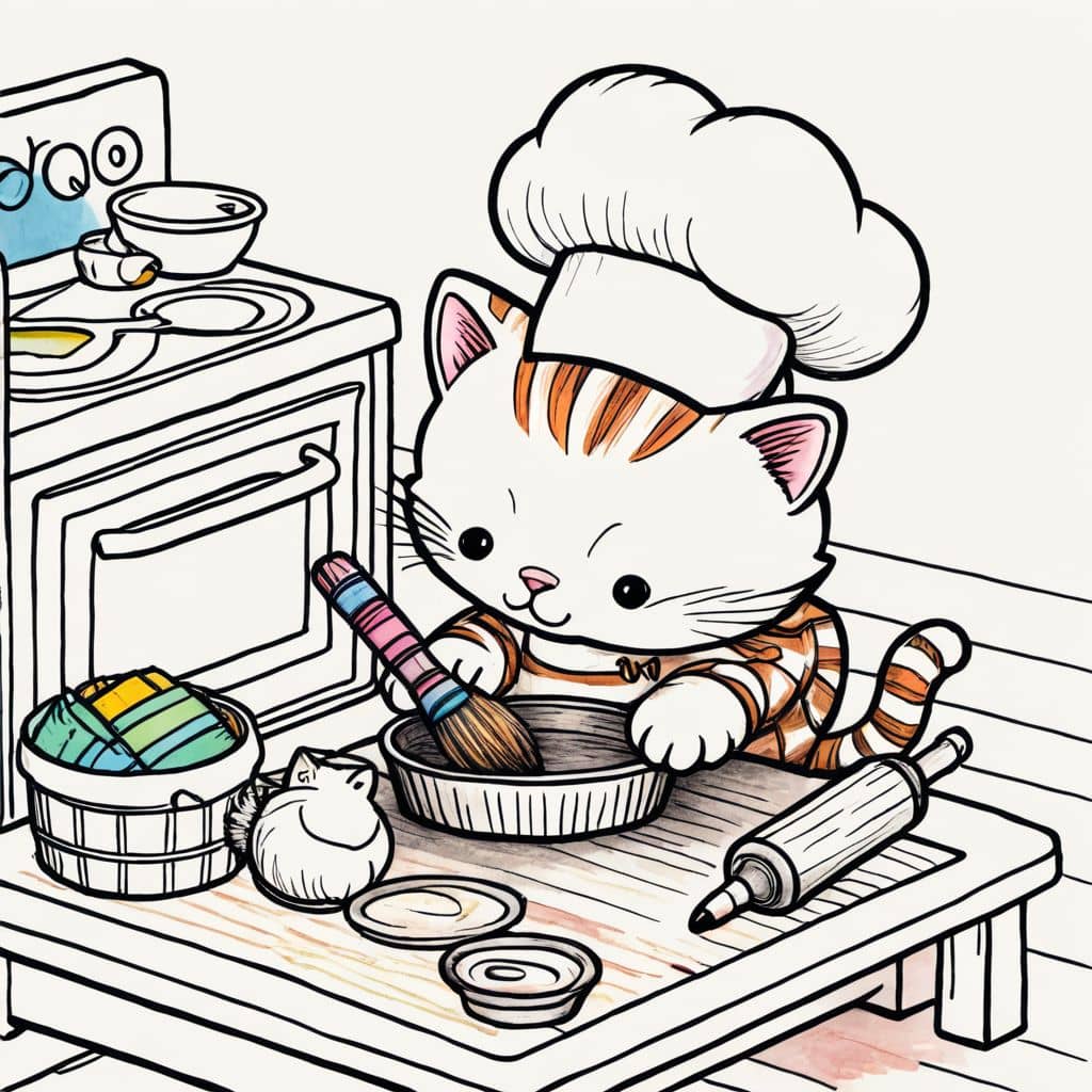 Colored Kitten chef baking a pie