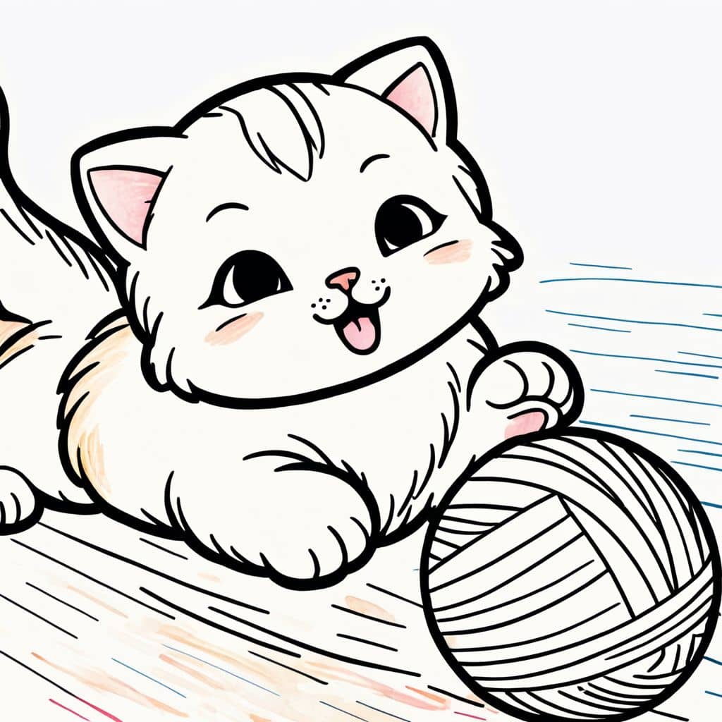 Colored Kitten chasing a yarn ball