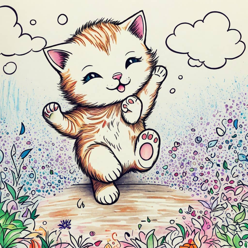 Colored Kitten in spring flower field