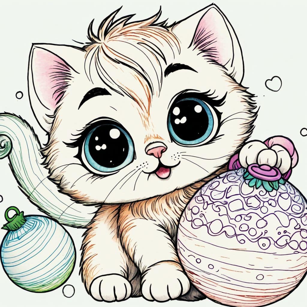 Colored Kitten playing with Christmas ornaments