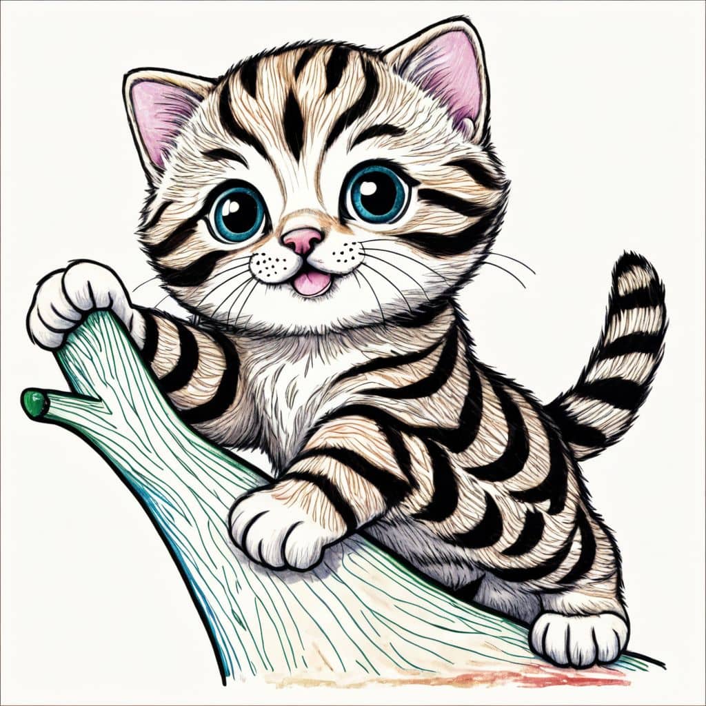 Colored Kitten climbing a small tree