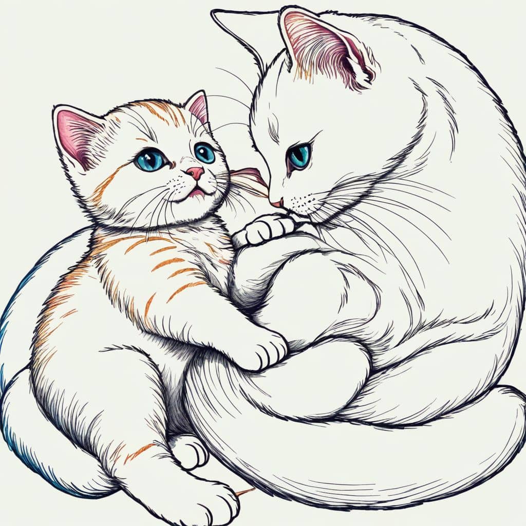 Colored Kitten playing with dad cat