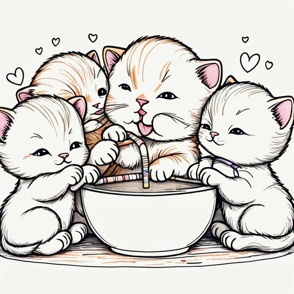 Colored Kitten sharing milk with siblings