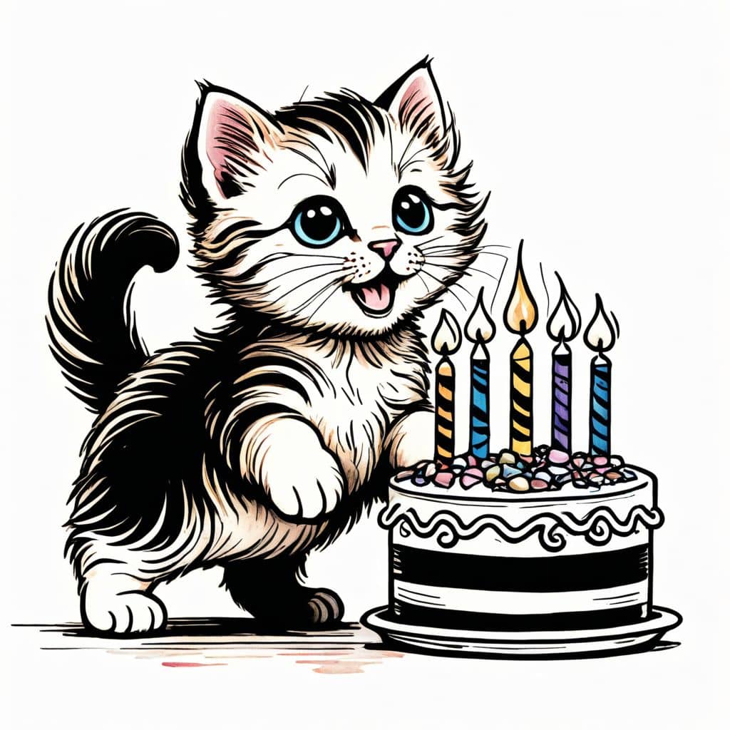 Colored Kitten blowing birthday candles