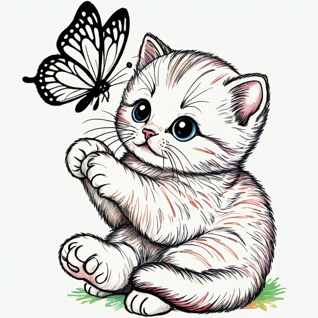 Colored Kitten playing with butterfly