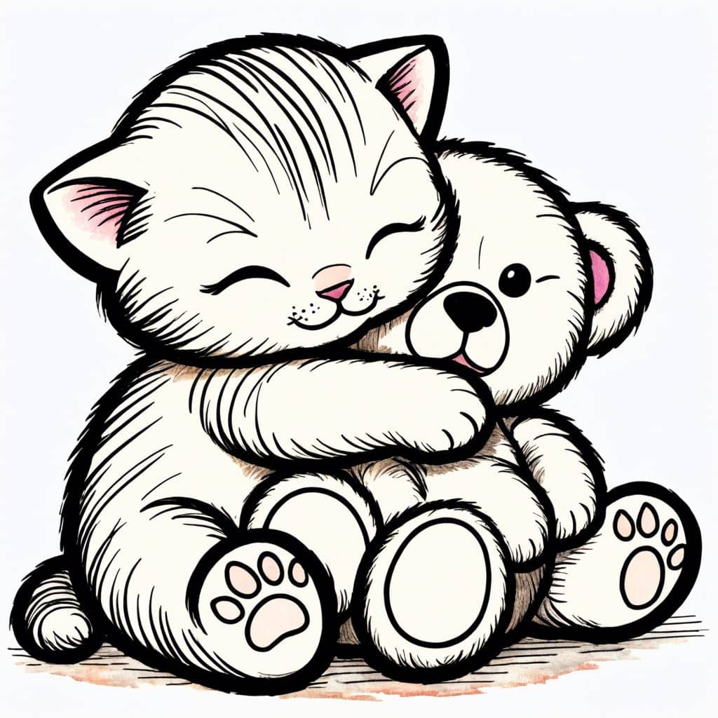 Colored Kitten hugging a teddy bear