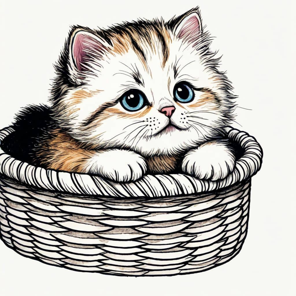 Colored Kitten inside a cozy basket