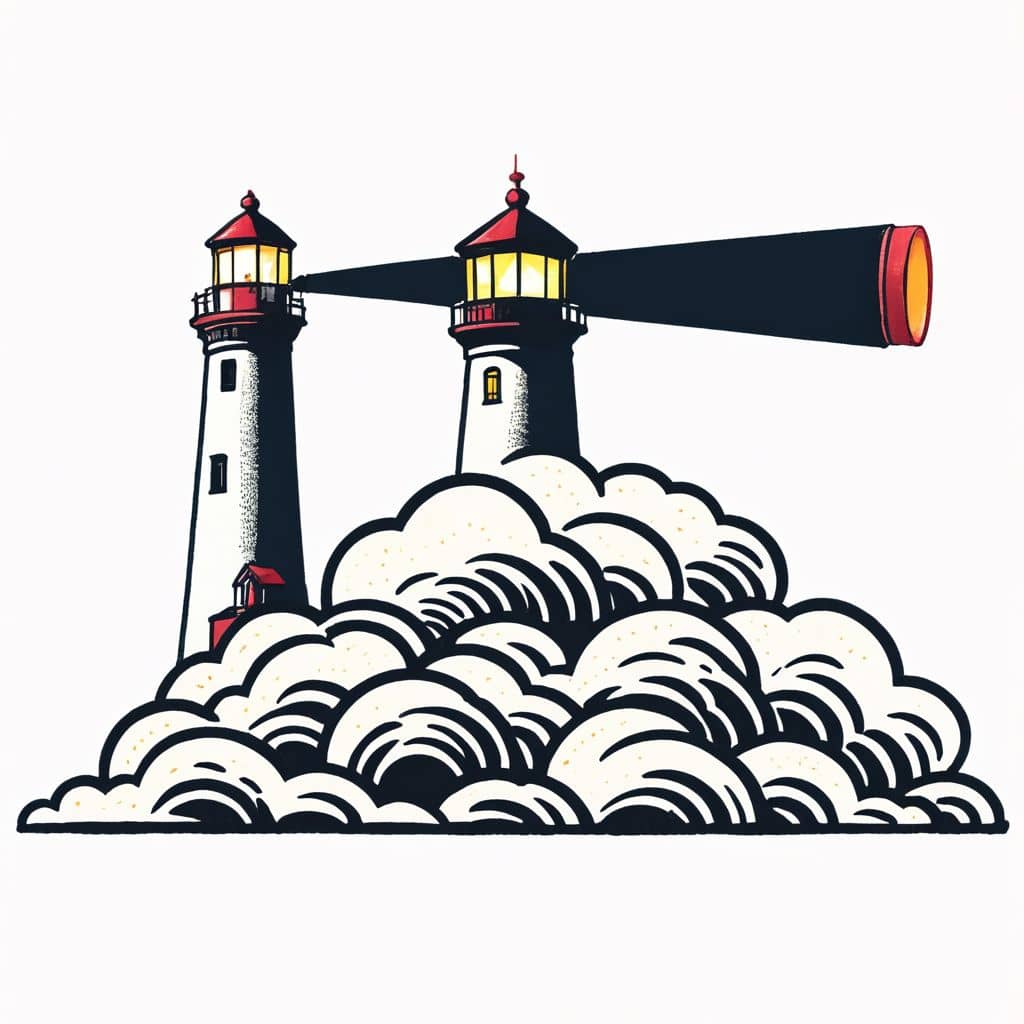 Colored Lighthouse in thick fog