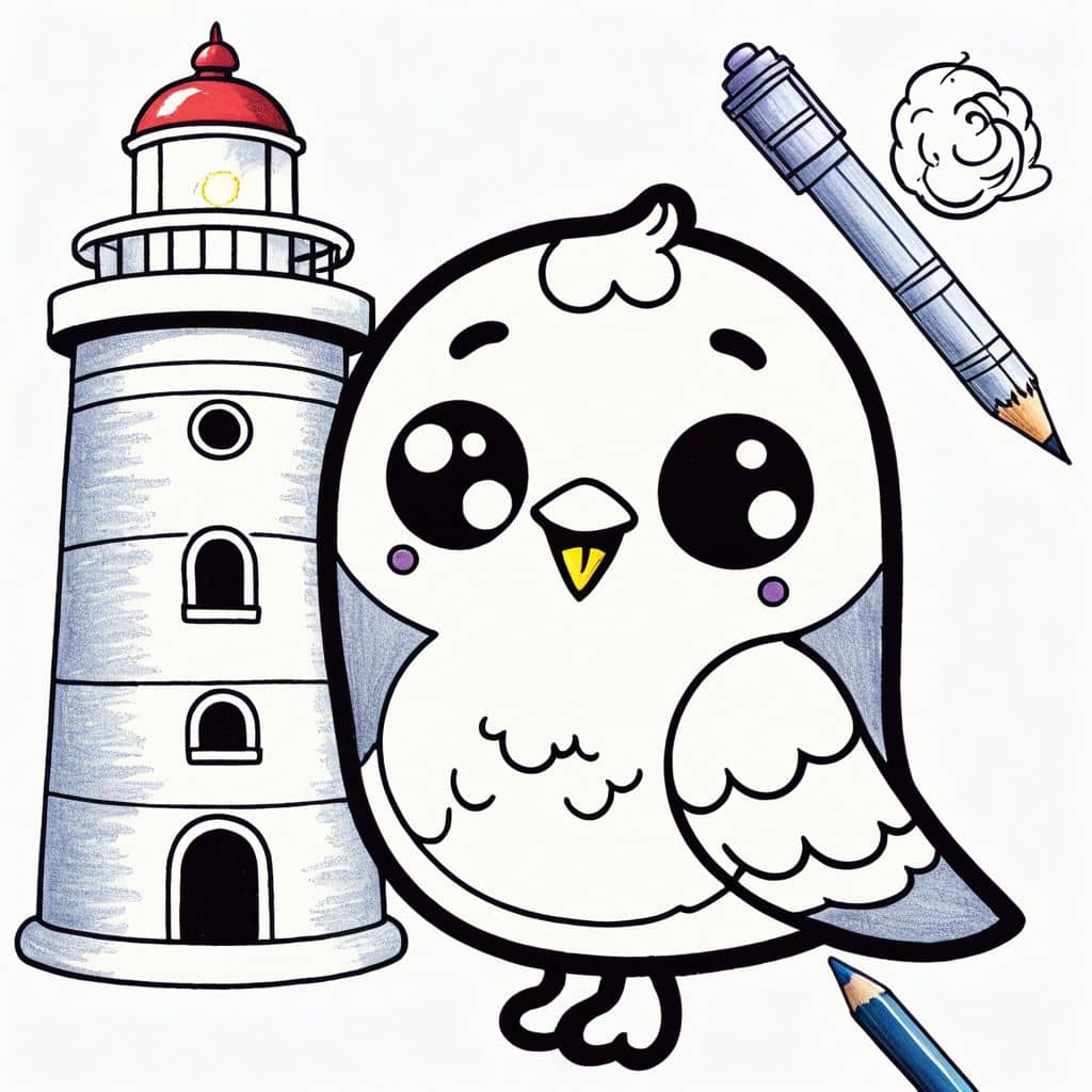 Colored Seagull perched on lighthouse