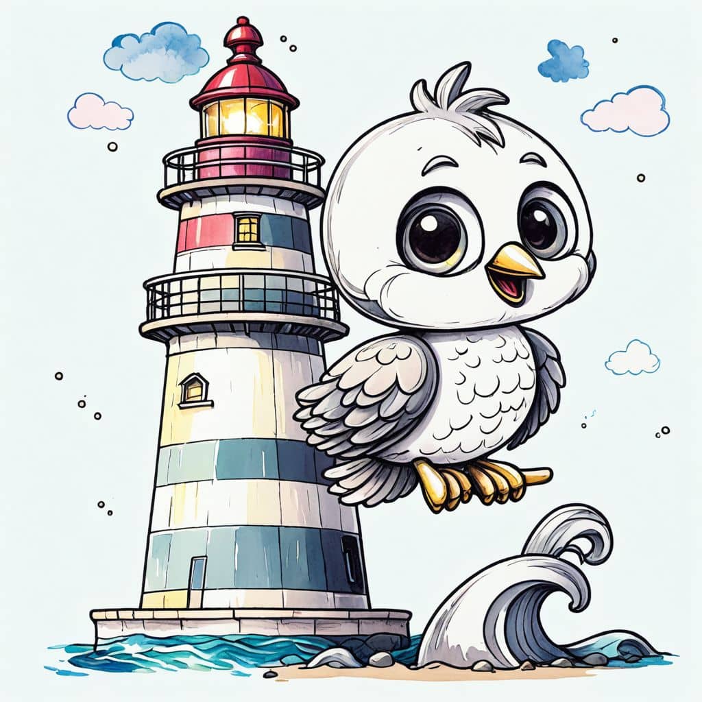 Colored Seagull perched on lighthouse top