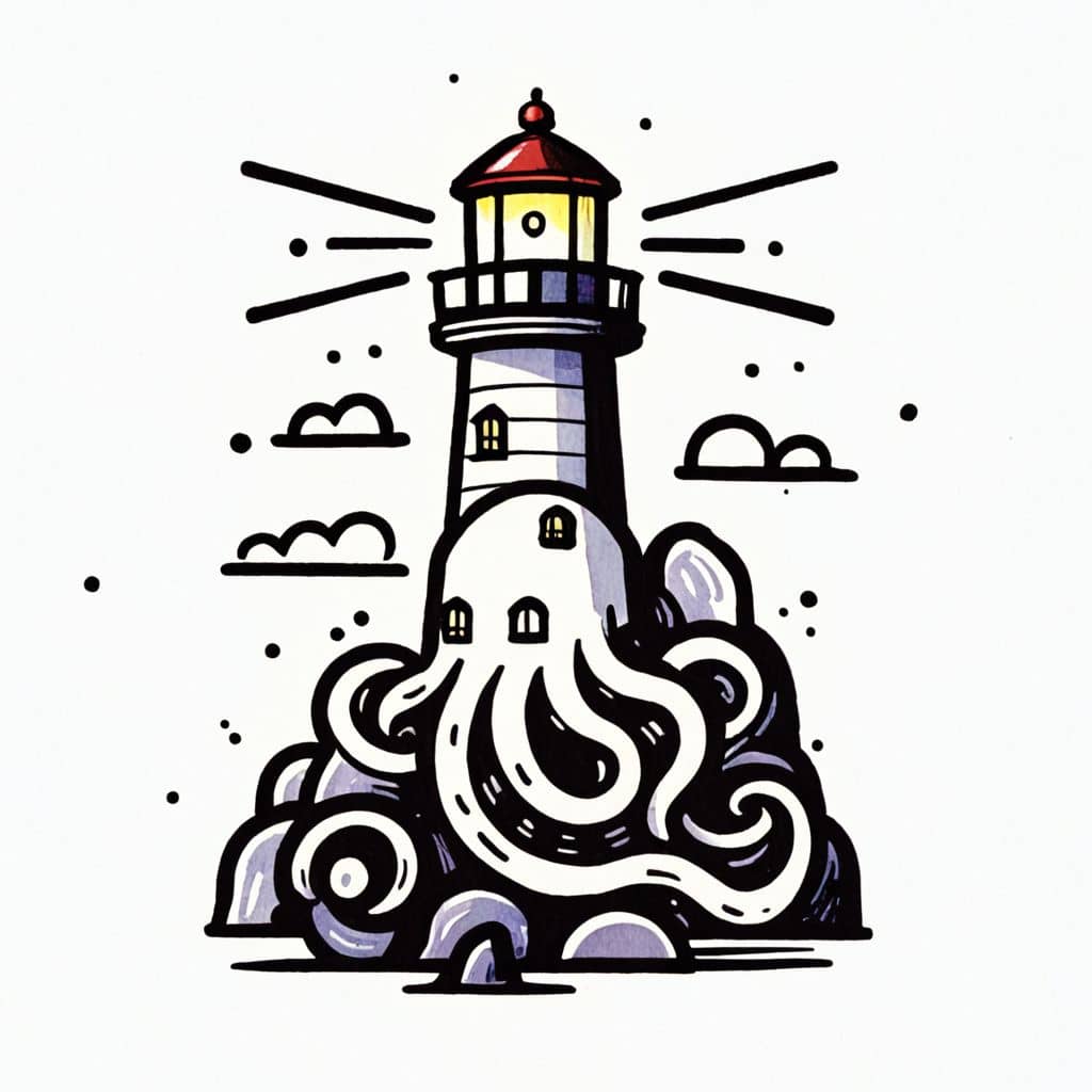 Colored  Shy octopus near lighthouse base
