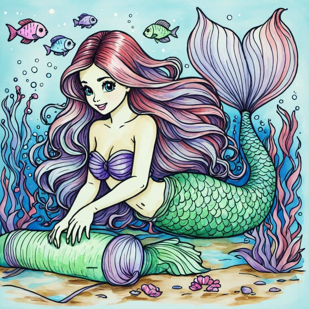 Colored Mermaid Reading Underwater Scroll