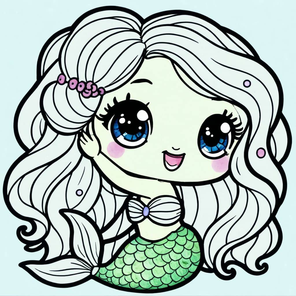 Colored Mermaid combing hair with shell