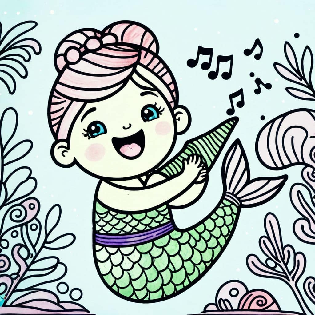 Colored Mermaid playing seashell instrument