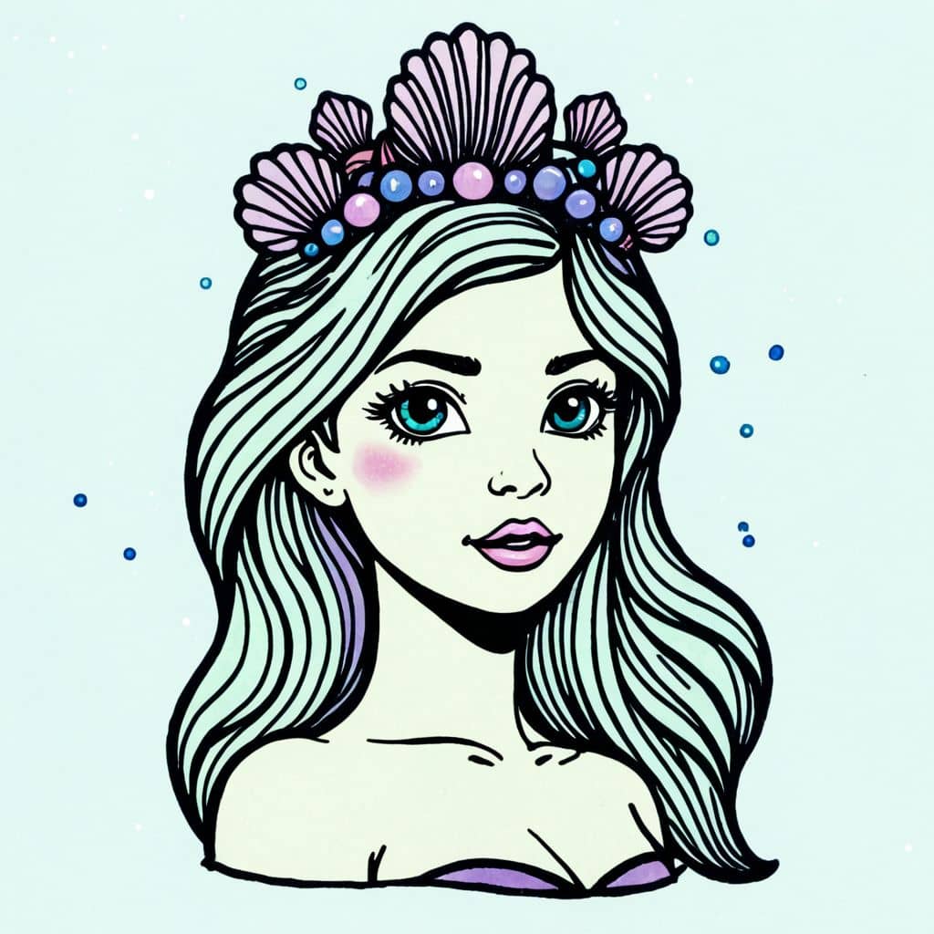Colored Mermaid wearing seashell tiara