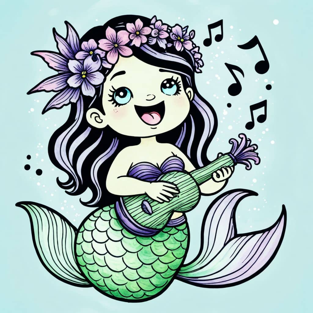 Colored Singing mermaid with ukulele