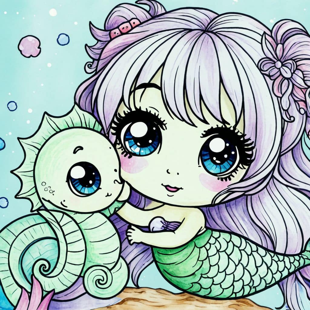 Colored Mermaid petting friendly seahorse