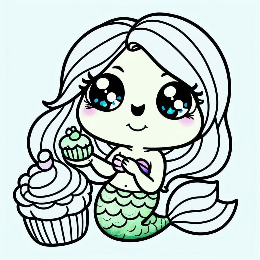 Colored Mermaid eating cupcakes