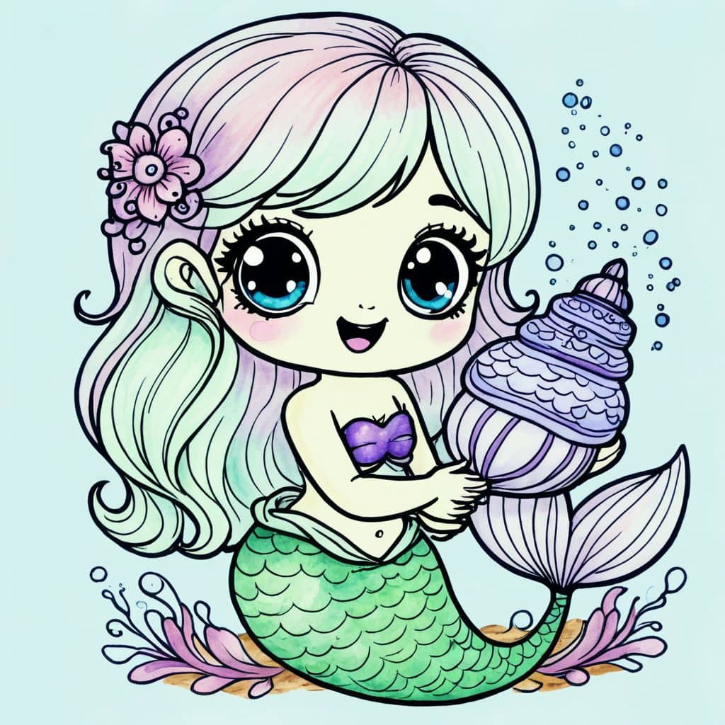 Colored Mermaid charming with magical conch