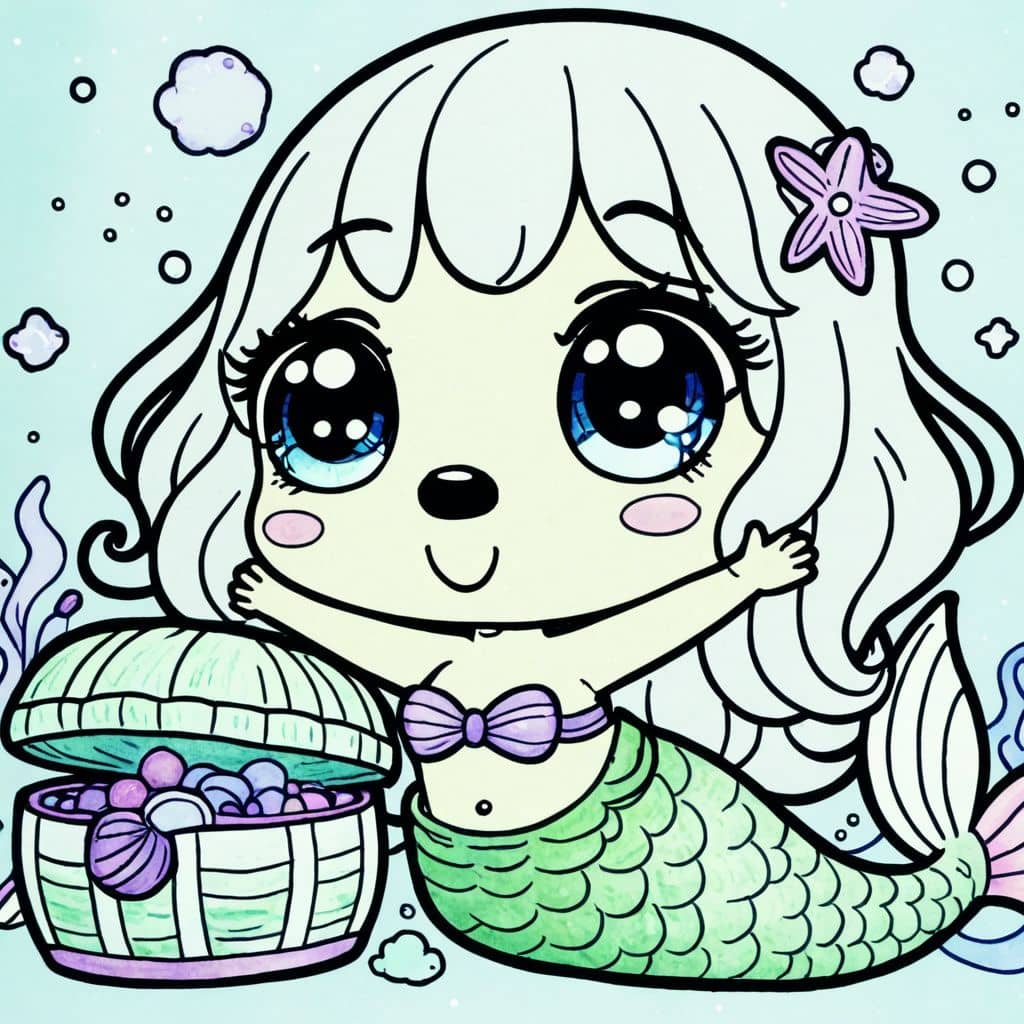 Colored Surprised Mermaid with Treasure