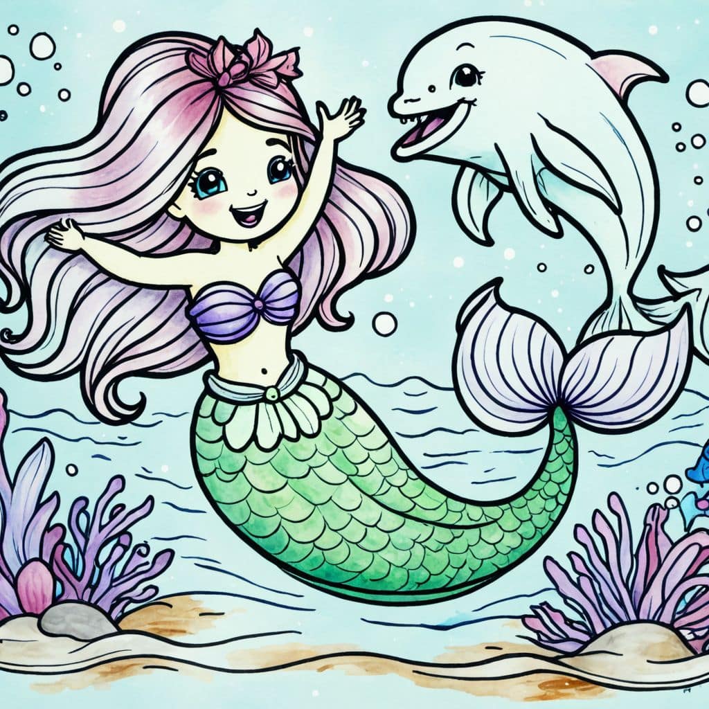 Colored Mermaid Playing with Dolphin