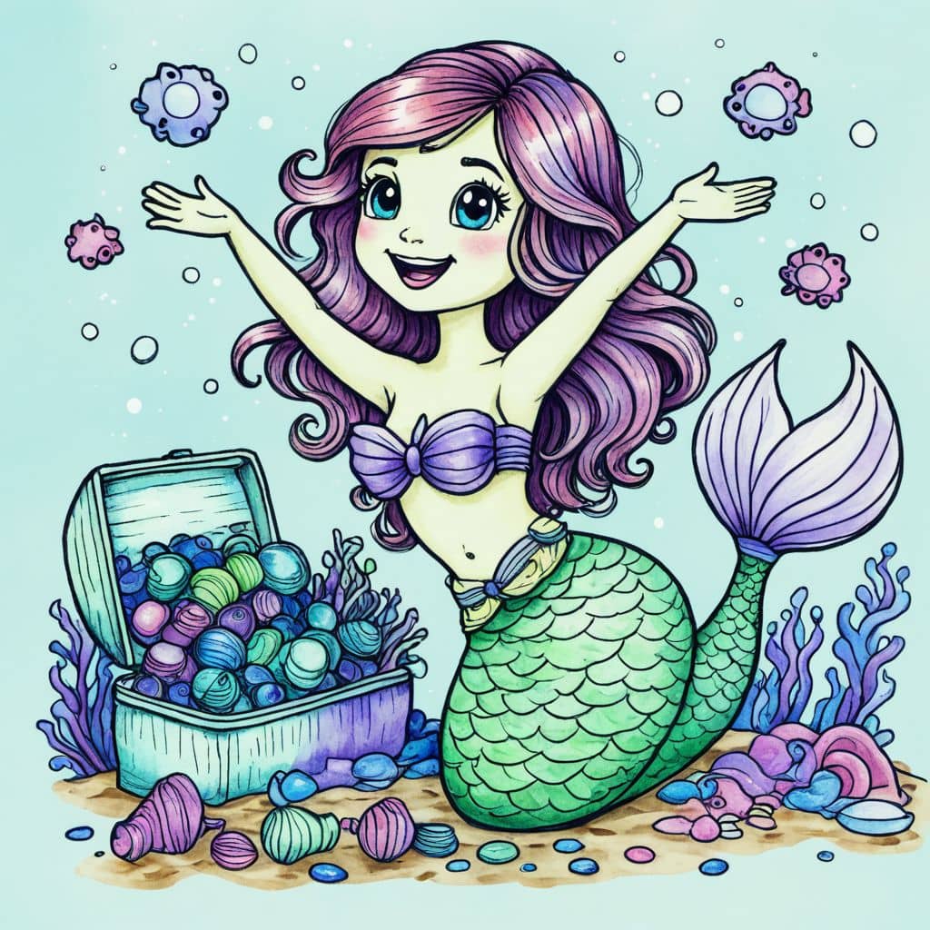 Colored Mermaid discovering hidden treasures