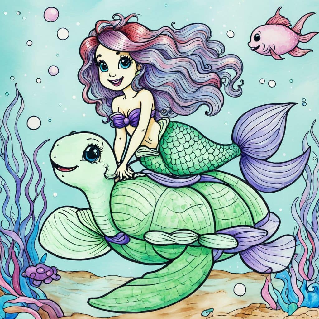 Colored Mermaid riding sea turtle