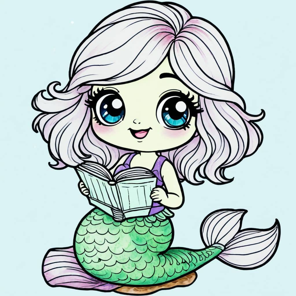 Colored Mermaid Librarian Reading Book