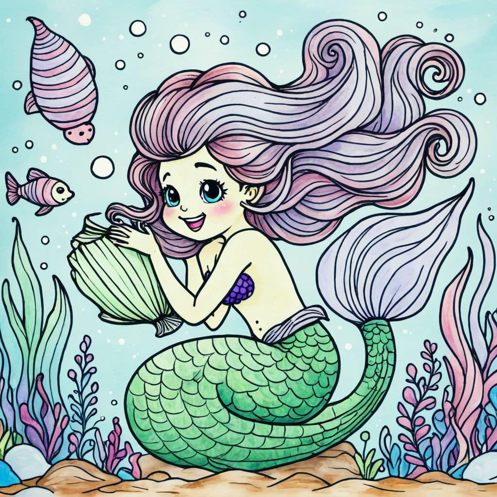 Colored Mermaid Spotting a Seashell