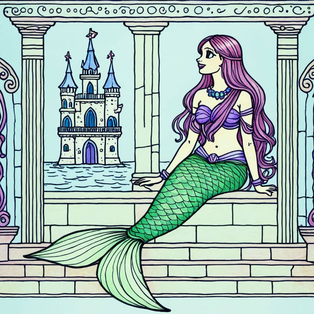 Colored Mermaid Resting on Castle Balcony