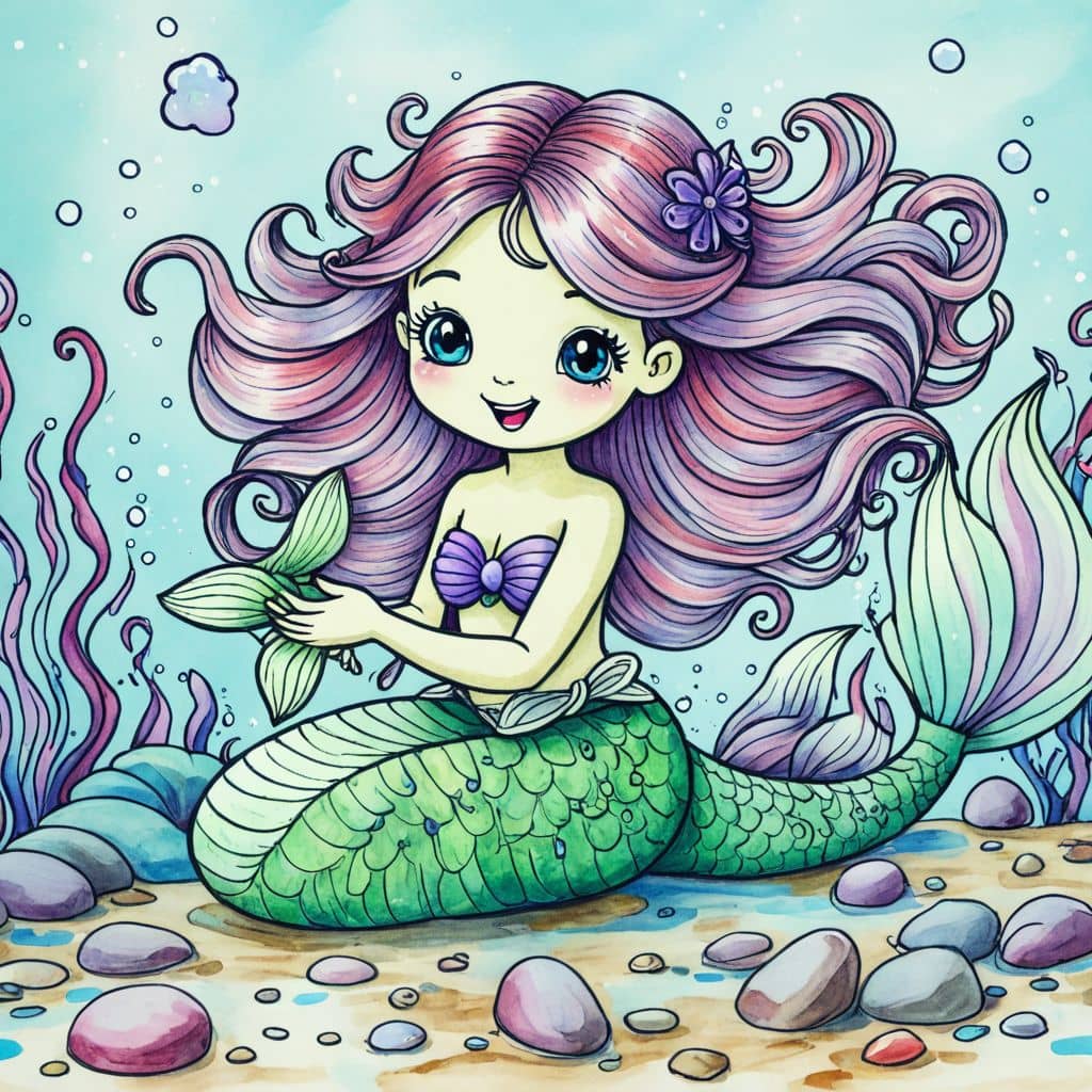 Colored Mermaid Playing with Starfish