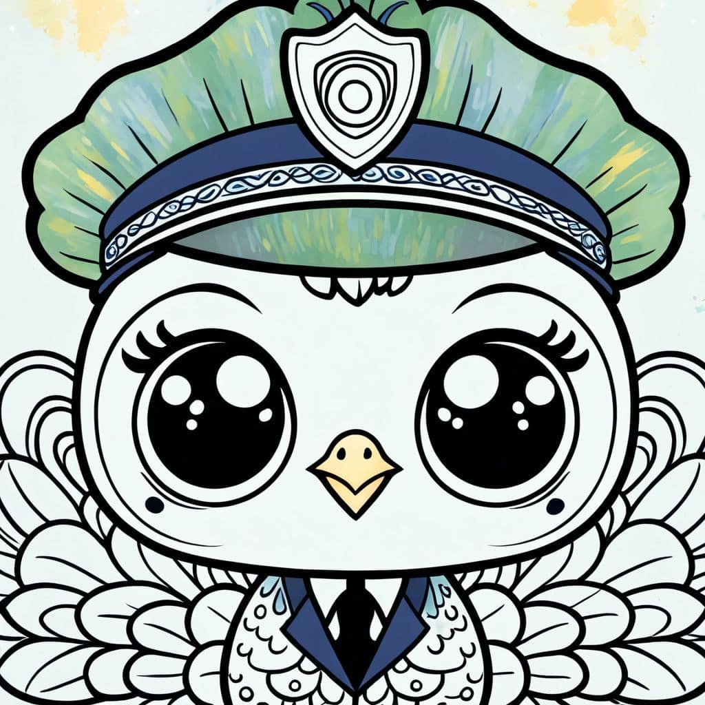 Colored Peacock wearing police hat
