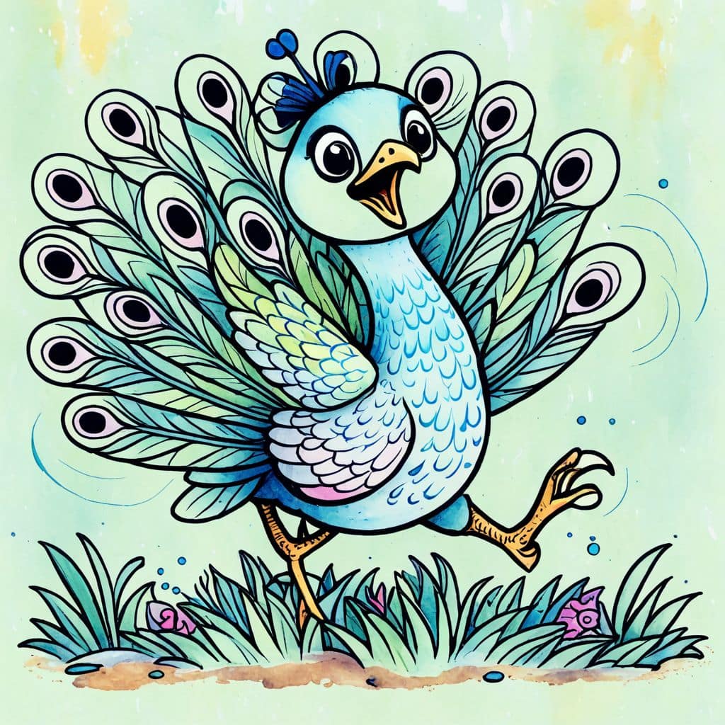 Colored Peacock hopping energetically on grass