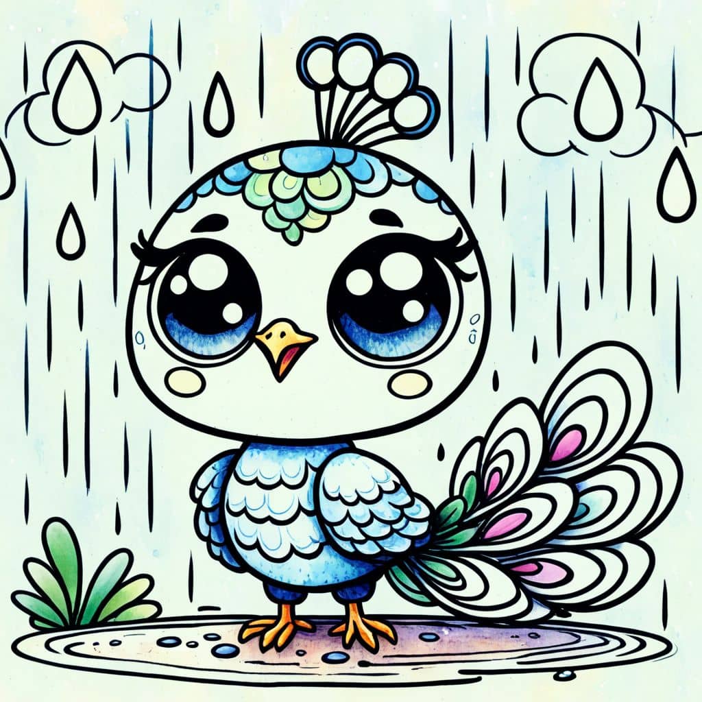 Colored Lonely peacock in rain