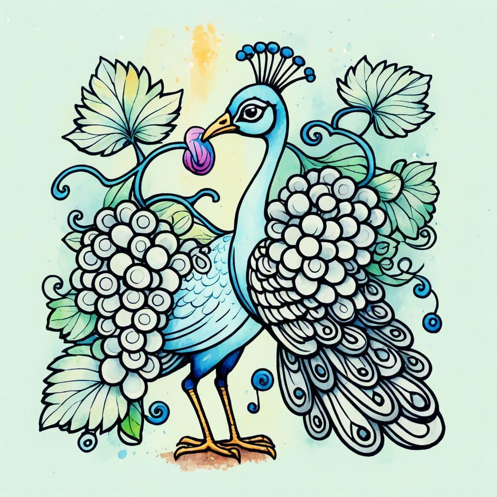 Colored Peacock eating grapes from vine