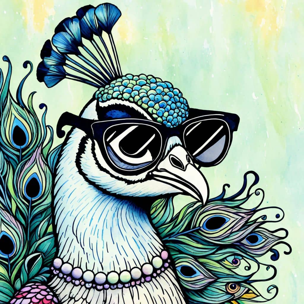 Colored Peacock wearing sunglasses