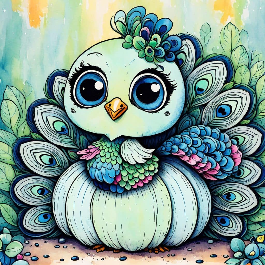 Colored Peacock perched on pumpkin