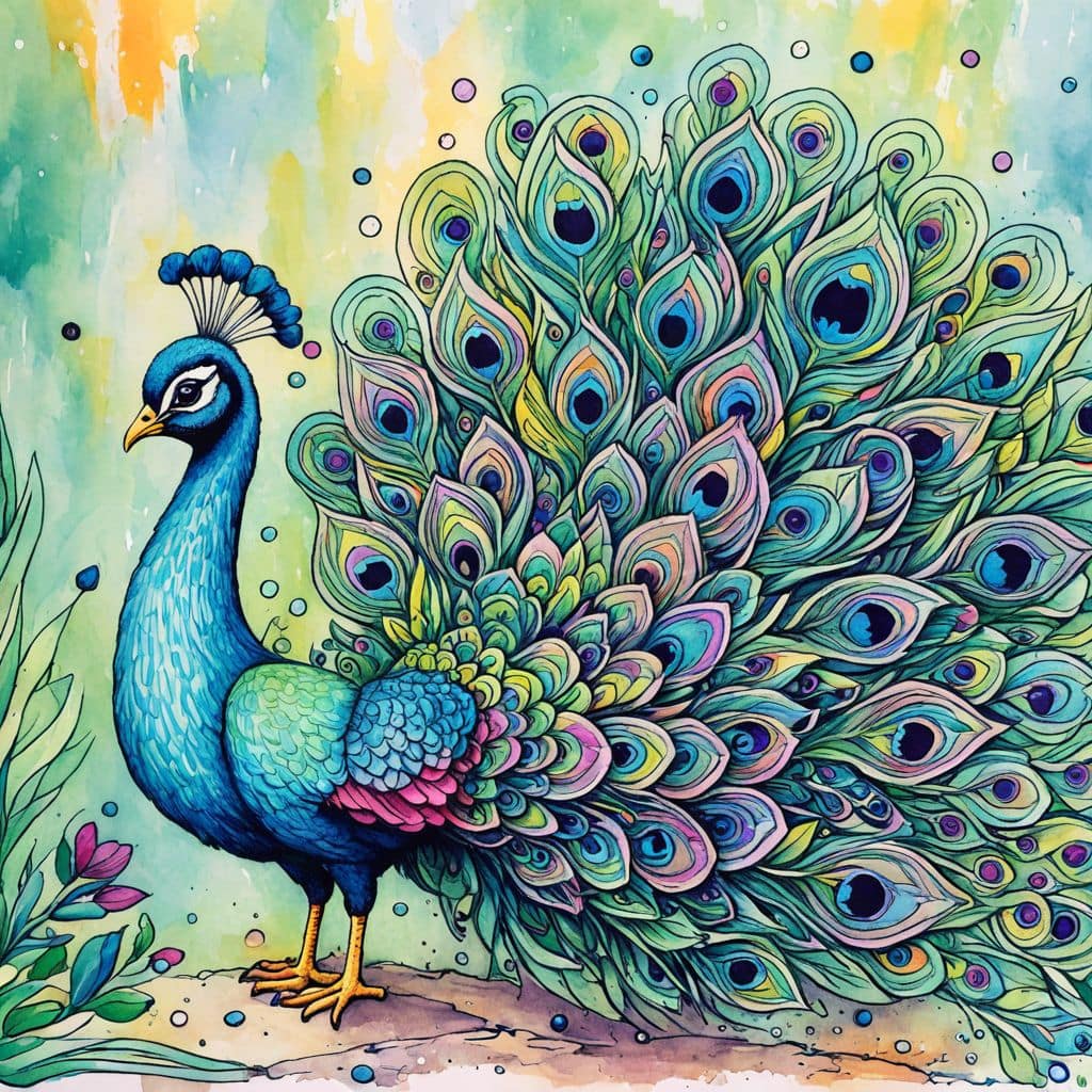 Colored Peacock spreading feathers in snowfall