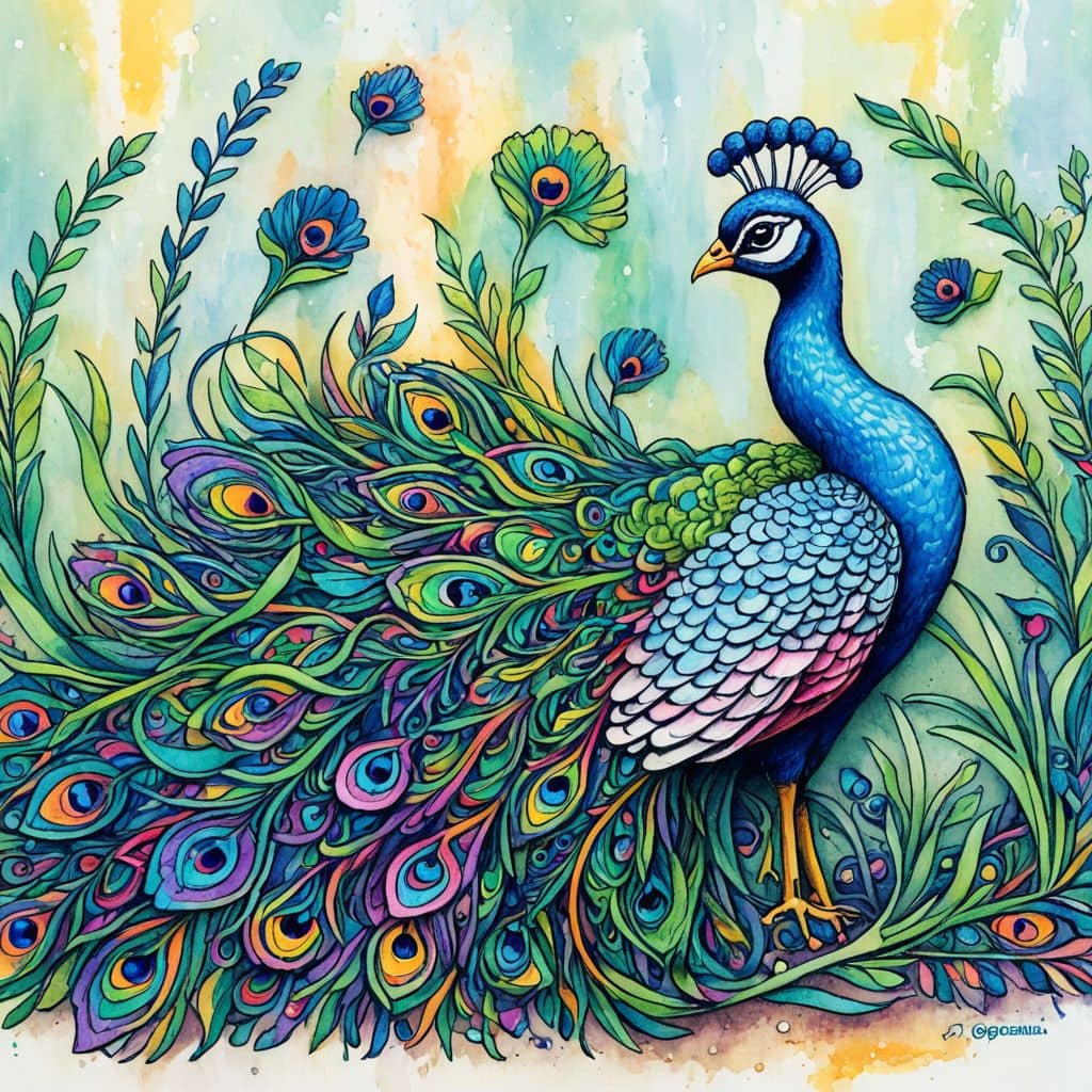 Colored Peacock displaying plumage on meadow