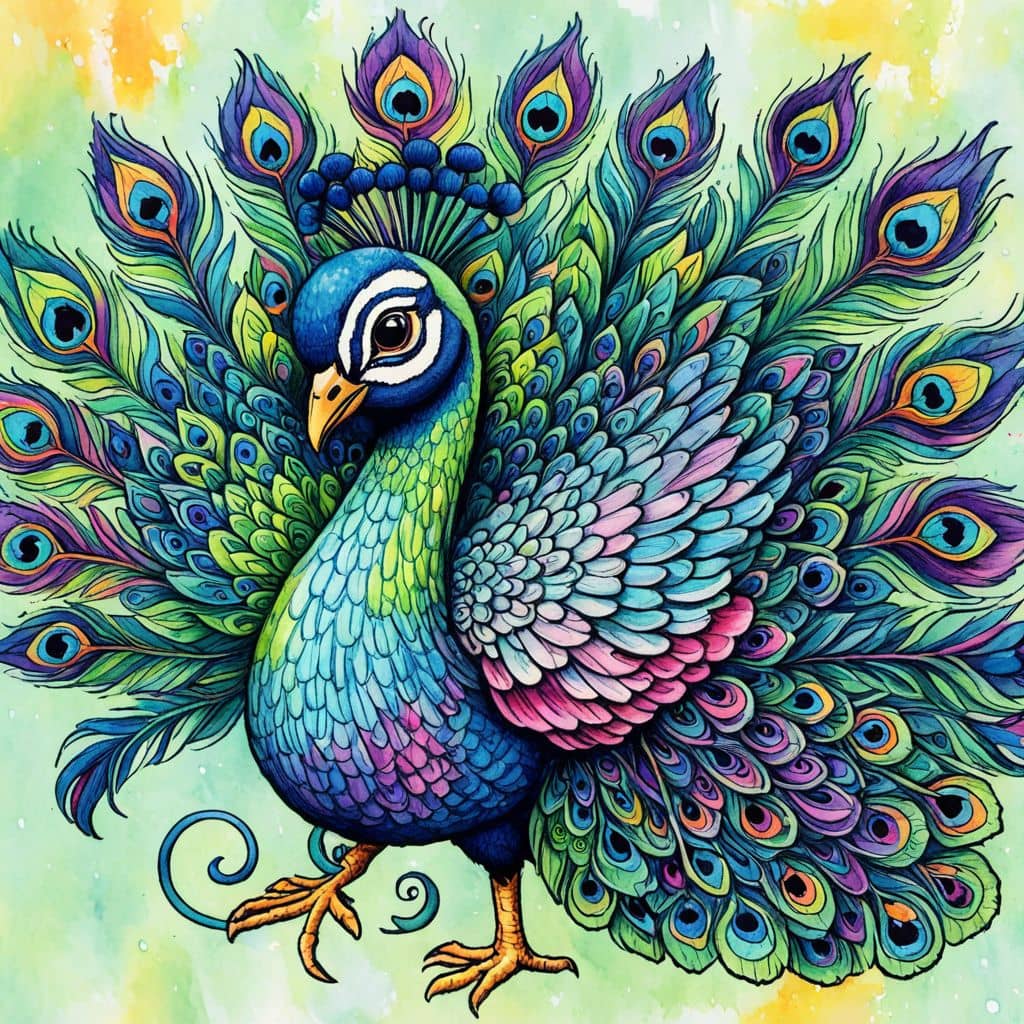 Colored Peacock spreading wings to fly
