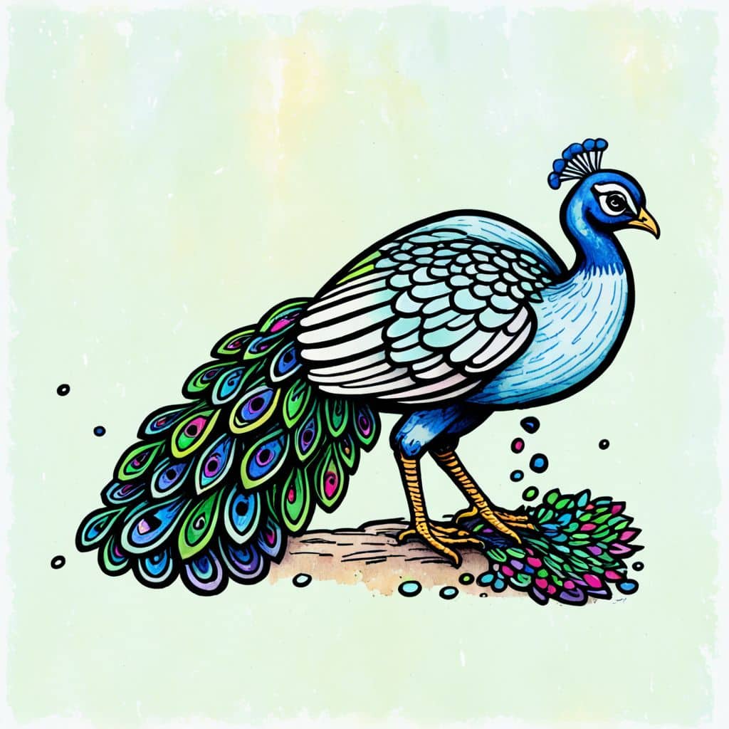 Colored Peacock nibbling on grain