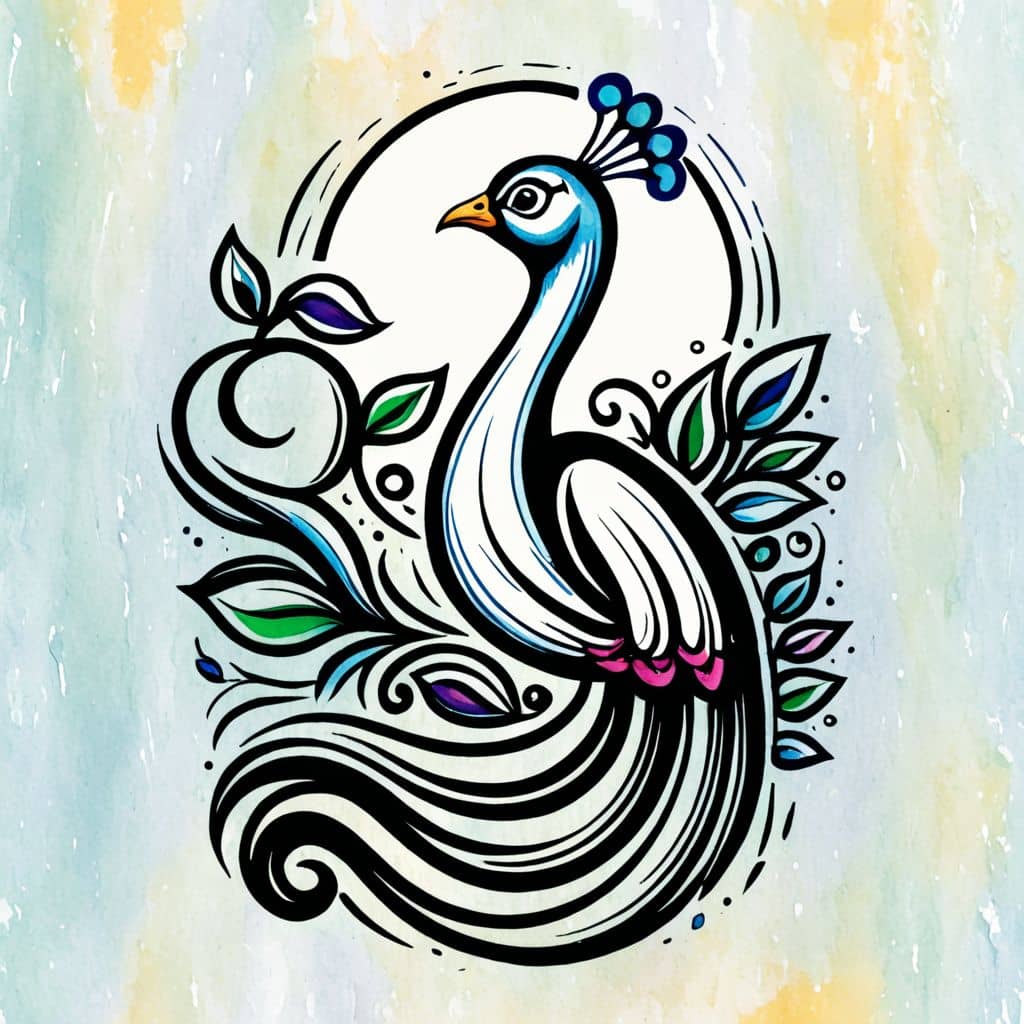 Colored Peacock holding a fruit.