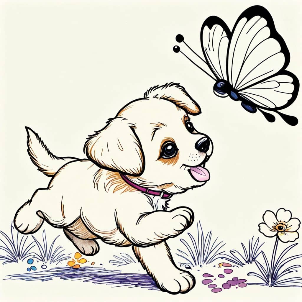 Colored Puppy chasing butterfly