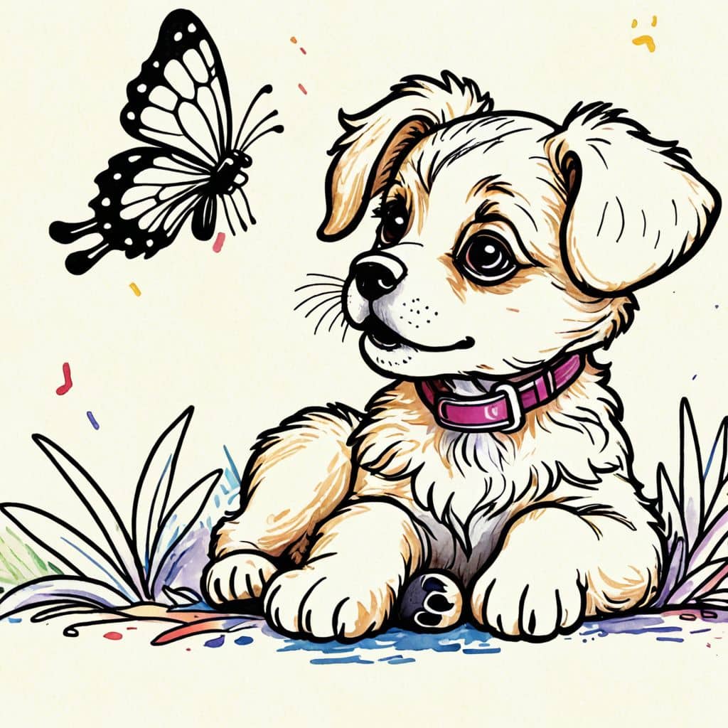 Colored Puppy Surprised by Butterfly