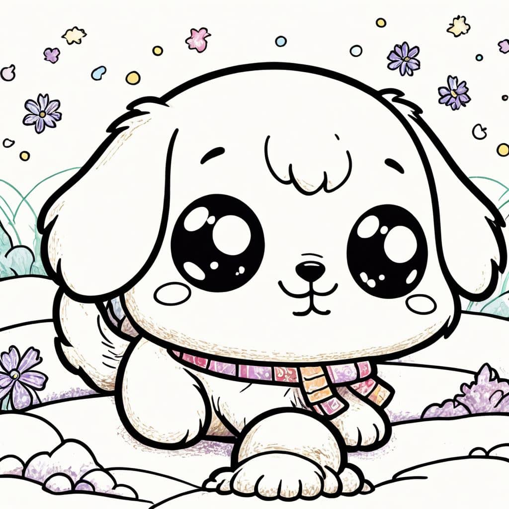 Colored Puppy exploring snowy terrain.