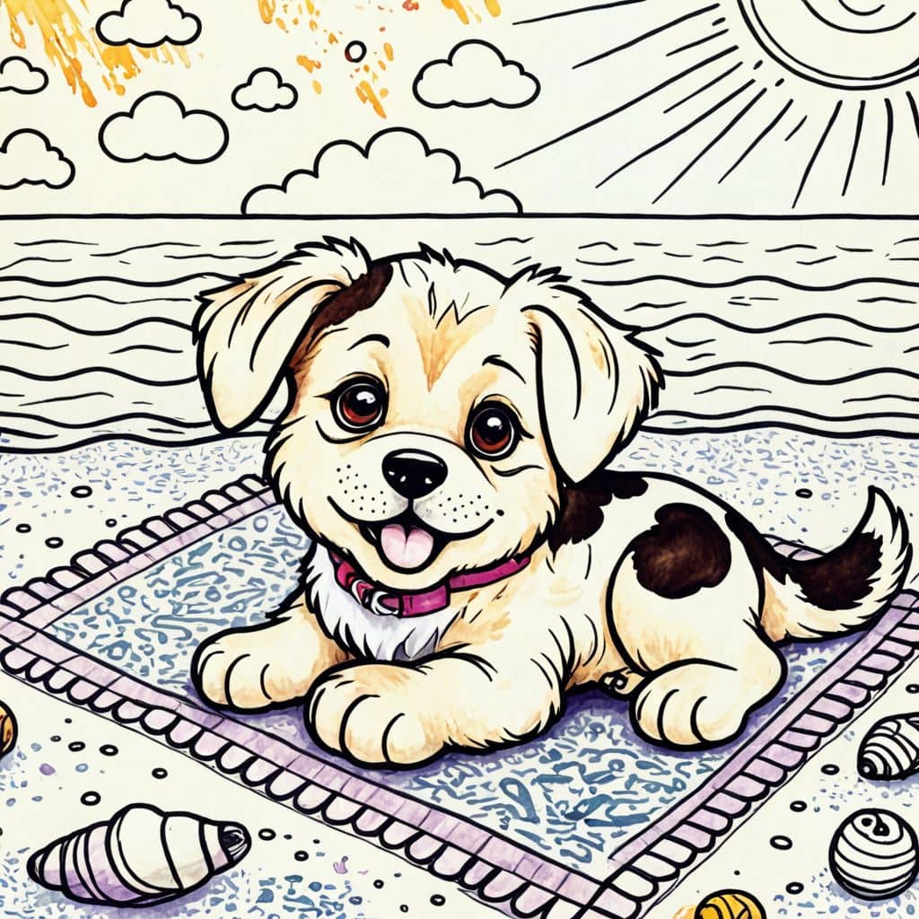 Colored Puppy sunbathing on beach